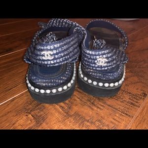 CHANEL Pearl Embellished Strappy Tweed Flat Sandal